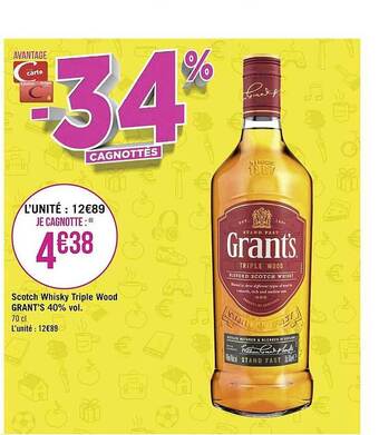 Géant Casino Scotch Whisky Triple Wood Grant's 40% Vol. offre