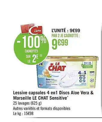 Géant Casino Lessive Capsules 4 En 1 Discs Aloé Véra & Marseille Le Chat Sensitive offre