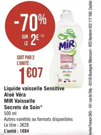 Casino Supermarchés Liquide vaisselle Sensitive Aloé Véra offre