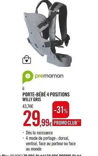 Porte-bébé 4 Positions Willy Gris Premaman