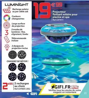 Gifi Projecteur Flottant Solaire Pour Piscine Et Spa offre