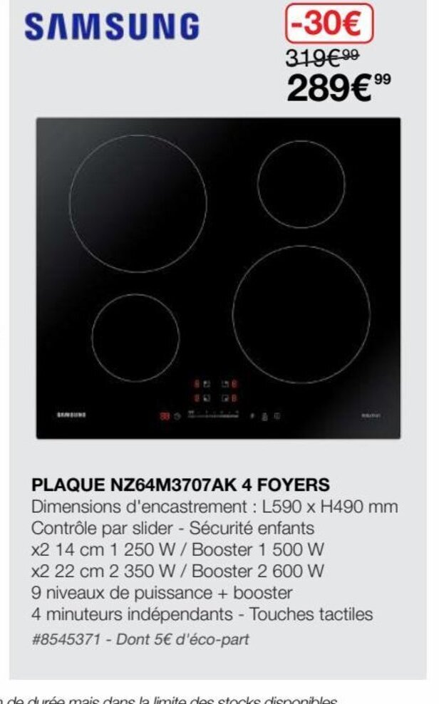 Promo Samsung Plaque NZ64M3707AK 4 Foyers chez Costco