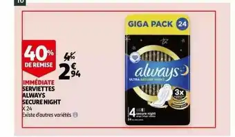 Auchan Serviettes Always Secure Night offre