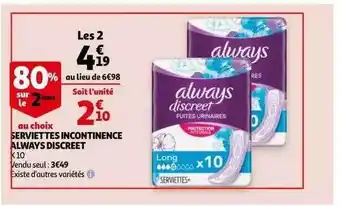 Auchan Serviettes Incontinence Always Discreet offre