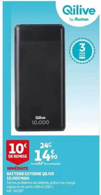 Auchan Batterie Externe Qilive 10.000 Mah offre