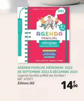 Auchan Agenda Familial Mémoniak 2023 De Septembre 2022 à Décembre 2023 offre