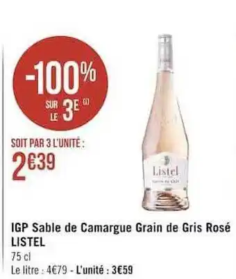 Casino Supermarchés Igp Sable De Camargue Grain De Gris Rosé Listel offre