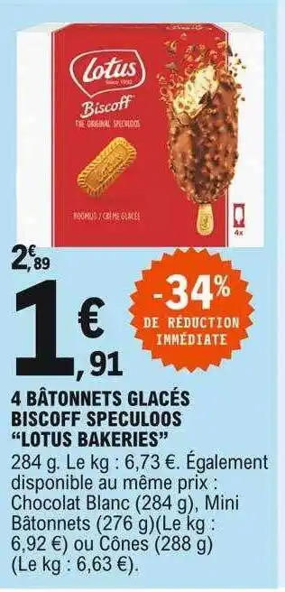 E.Leclerc 4 Bâtonnets Glacés Biscoff Spéculoos offre