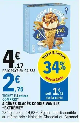 E.Leclerc 4 Cônes Glacés Cookie Vanille offre