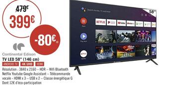 Géant Casino Continental edison tv led 58’’ (146 cm) offre