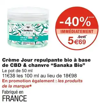 Monoprix Sanaka bio crème jour repulpante bio à base de cbd & chanvre offre