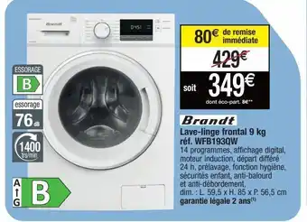 Brandt lave-linge frontal 9kg réf.wfb193qw