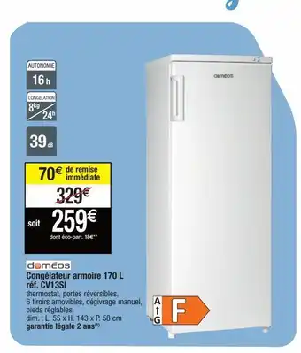 Migros Doméos congélateur armoire 170l réf.cv13si offre