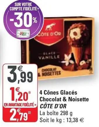 G20 COTE D'OR 4 cônes glacés chocolat & noisette offre