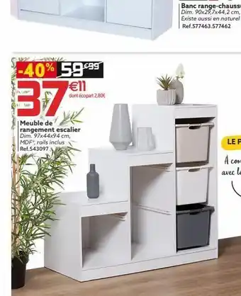 Gifi A -40% 59.99 €11 37 dont écopart 2,80€ meuble de rangement escalier dim. 97x44x94 cm, mdf", rails inclus ref.543097 offre