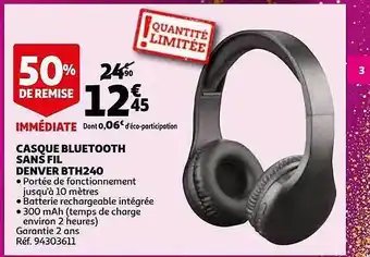 Auchan Casque Bluetooth Sans Fil Denver Bth240 offre