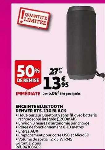 Auchan Enceinte Bluetooth Denver Bts-110 Black offre