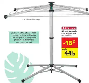 Carrefour Séchoir Parapluie Lino Pop-up 140 Leifheit offre