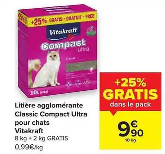Carrefour Litière Agglomérante Classic Compact Ultra Pour Chats Vitakraft offre