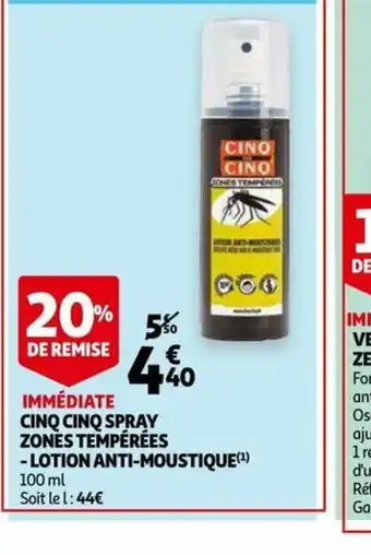 Auchan Cinq Cinq Spray Zones Tempérées Lotion Anti-Moustique offre