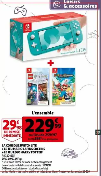 Auchan La Console Switch Lite Le Jeu Mario Lapins Cretins +Le Jeu Lego Harry Potter offre