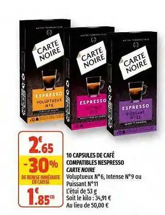 Coccinelle Express 10 Capsules De Café Compatibles Nespresso Carte Noire offre