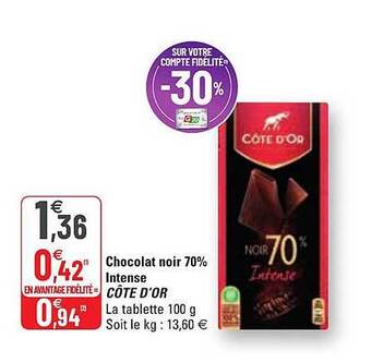 G20 Chocolat Noir 70% Intense Côte D'or offre