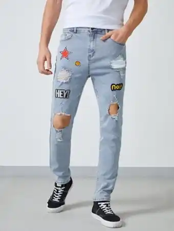 SheIn Shein homme jean droit à applique lettre déchiré ajusté offre