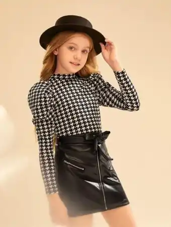 Shein fille top à pied-de-poule manches gigot & jupe en cuir pu ceinturée
