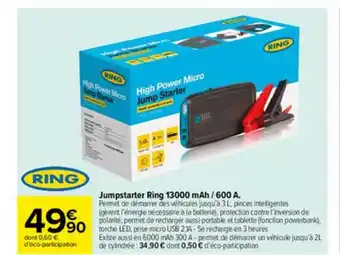 Carrefour High Power Micro Jumpstarter Ring 13000 Mah - 600 A offre