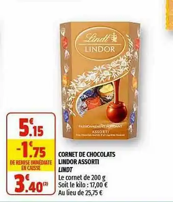 Coccinelle Supermarché Cornet De Chocolats Lindor Assorti Lindt offre