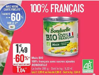 G20 Maïs Bio 100% Français Sans Sucres Ajoutés Bonduelle offre