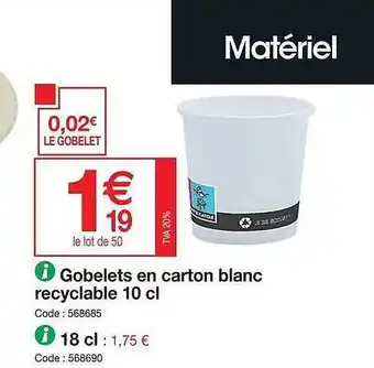 Promocash Gobelets En Carton Blanc Recyclable 10cl offre