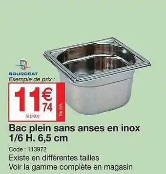 Promocash Bac Plain Sans Anses En Inox 1-6 H. 6,5 Cm Bourgeat offre
