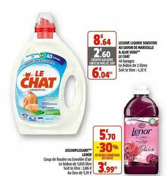 Coccinelle Supermarché Lessive Liquide Sensitive Au Savon De Marseille & Aloé Vera Le Chat, Assouplissant Lenor offre