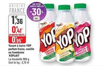 G20 Yaourt à Boire Yop Parfum Fraise, Vanille Ou Framboise Yoplait offre