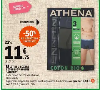 E.Leclerc Lot de 3 Boxers Coton Bio Homme Athéna offre