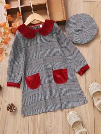 Fille robe à carreaux patch à poche à col claudine & chapeau