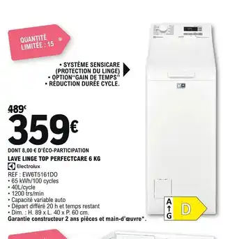 E.Leclerc Electrolux Lave Linge Top Perfectcare 6kg offre