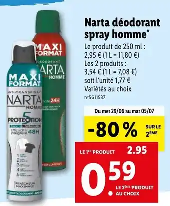 Lidl Narta Déodorant Spray Homme offre