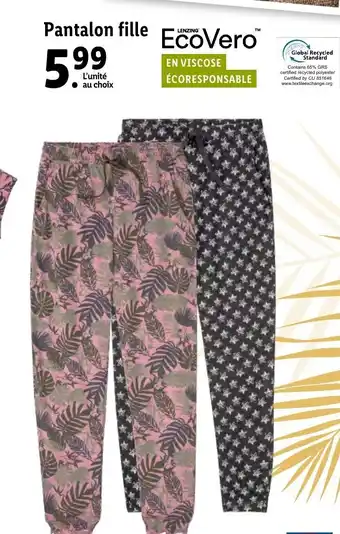 Lidl Ecovero Pantalon Fille offre