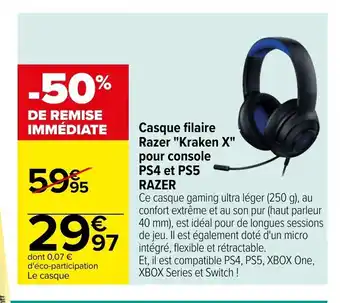 Carrefour Market Casque Filaire Razer "Kraken X" Pour Console PS4 et PS5 Razer offre