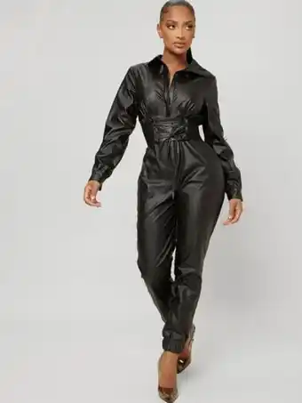 Combinaison en similicuir manches longues avec corset