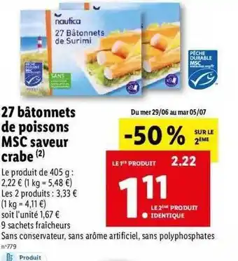 Lidl 27 Bâtonnets De Poissons Msc Saveur Crabe Nautica offre