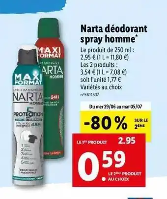 Lidl Narta Déodorant Spray Homme offre