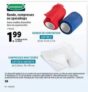 Lidl Bande, Compresses Ou Sparadraps Sensiplast offre