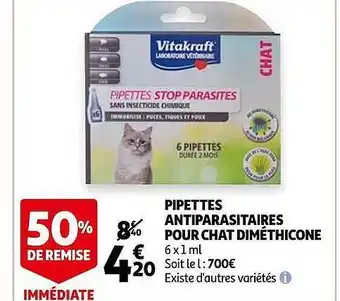 Auchan Pipettes Antiparasitaires Pour Chat Diméthicone offre