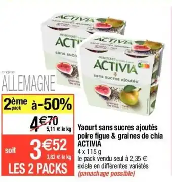 Migros Activia Yaourt Sans Sucres Ajoutés Poire Figue & Graines de Chia offre