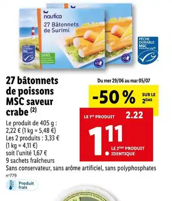 Lidl Nautica 27 bâtonnets de poissons msc saveur crabe offre