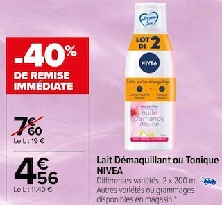 Carrefour Nivea lait démaquillant ou tonique offre